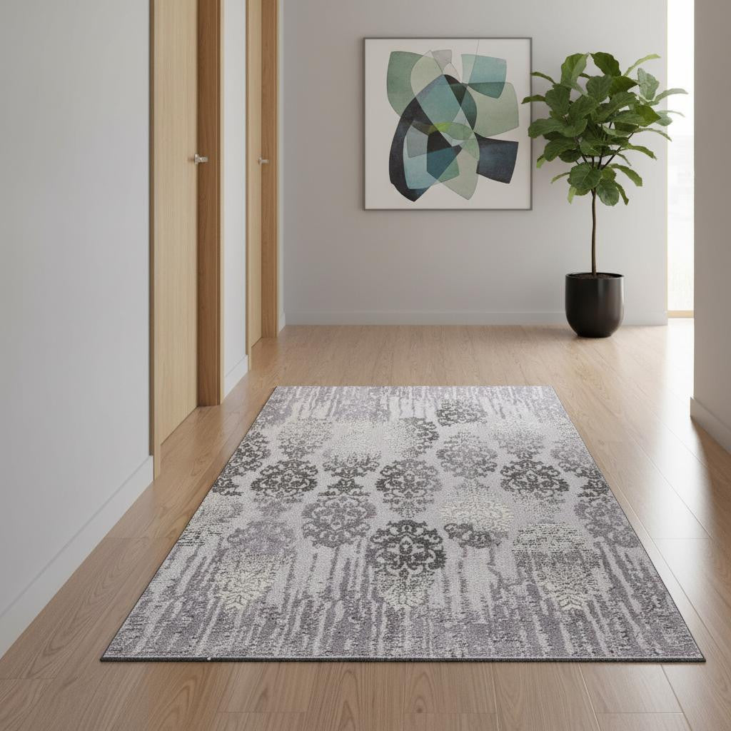 5' X 7' Gray Damask Power Loom Area Rug