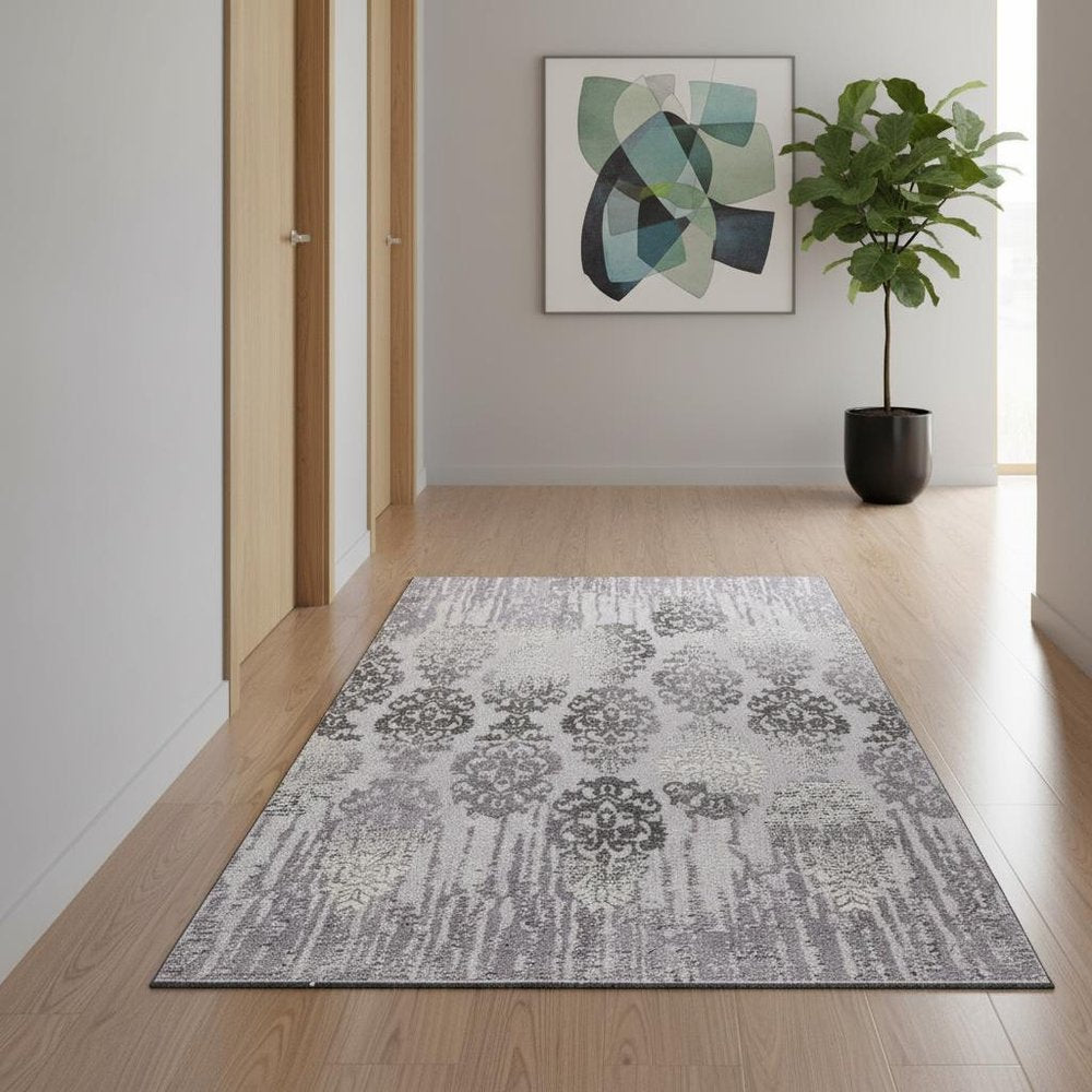 5' X 7' Gray And Ivory Damask Area Rug