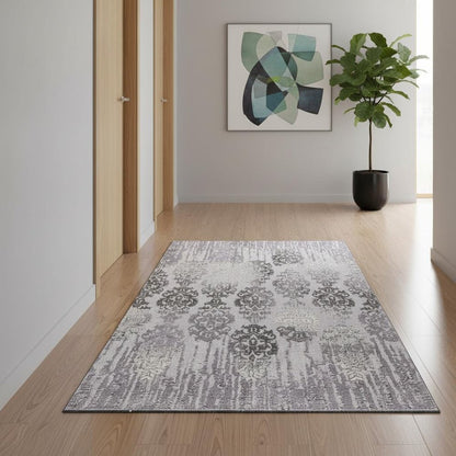 5' X 7' Gray And Ivory Damask Area Rug