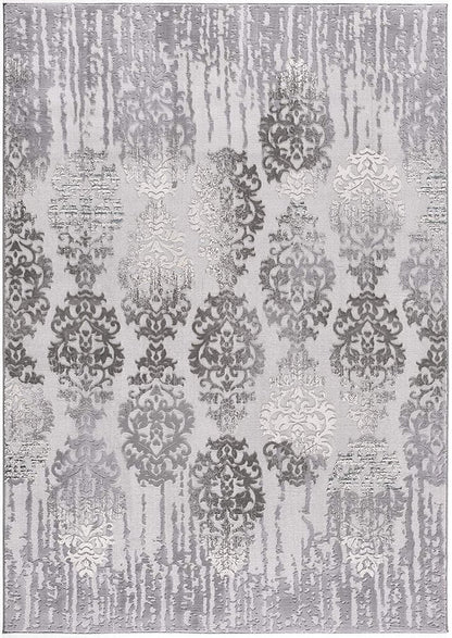 5' X 7' Gray And Ivory Damask Area Rug