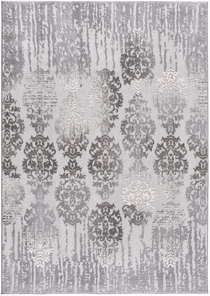 5' X 7' Gray And Ivory Damask Area Rug