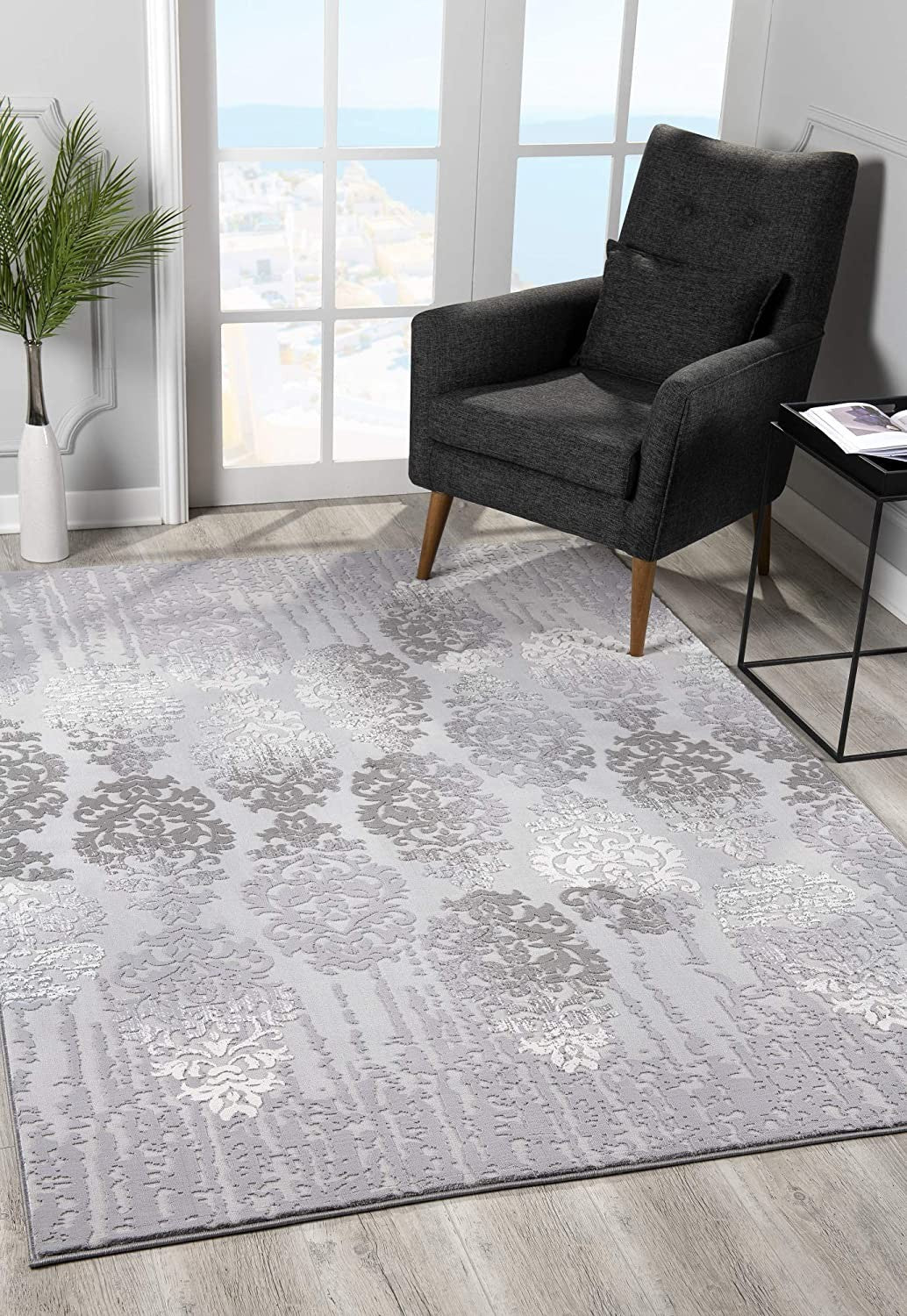 6' X 9' Gray Damask Power Loom Area Rug