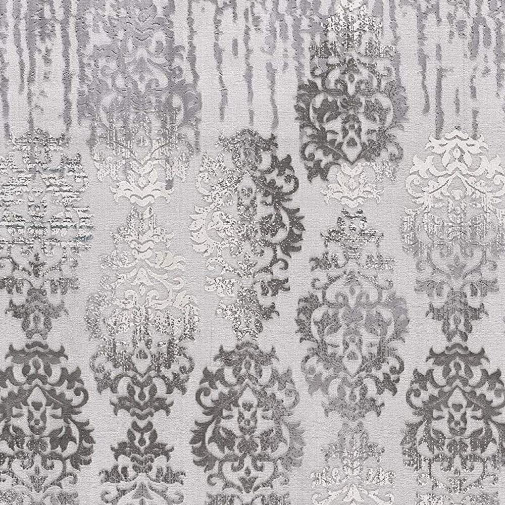 5' X 7' Gray And Ivory Damask Area Rug