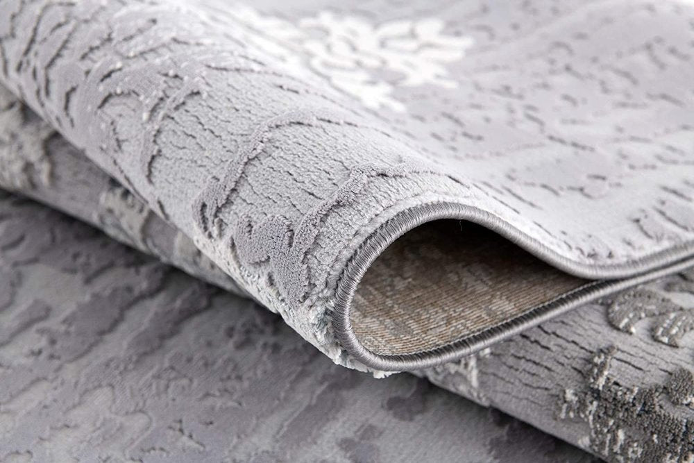 5' X 7' Gray And Ivory Damask Area Rug