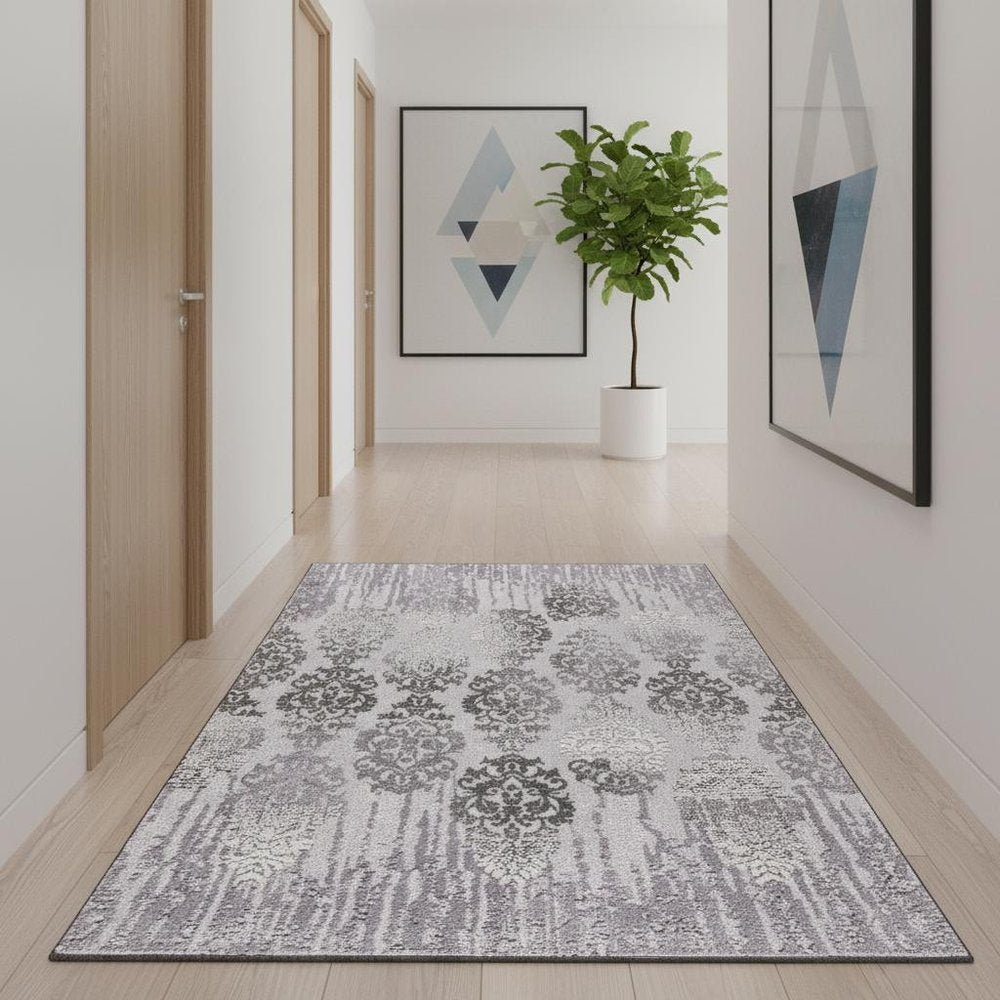 5' X 7' Gray And Ivory Damask Area Rug