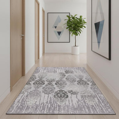5' X 7' Gray And Ivory Damask Area Rug