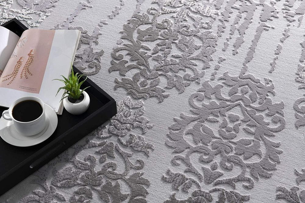 5' X 7' Gray And Ivory Damask Area Rug