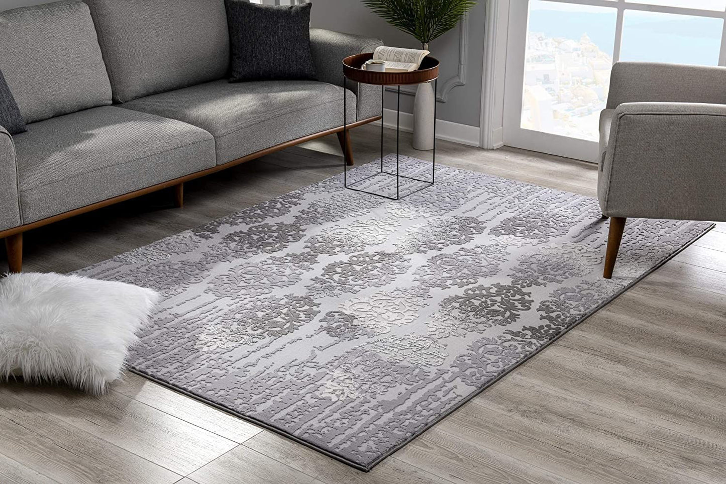 8' X 10' Gray Damask Power Loom Area Rug