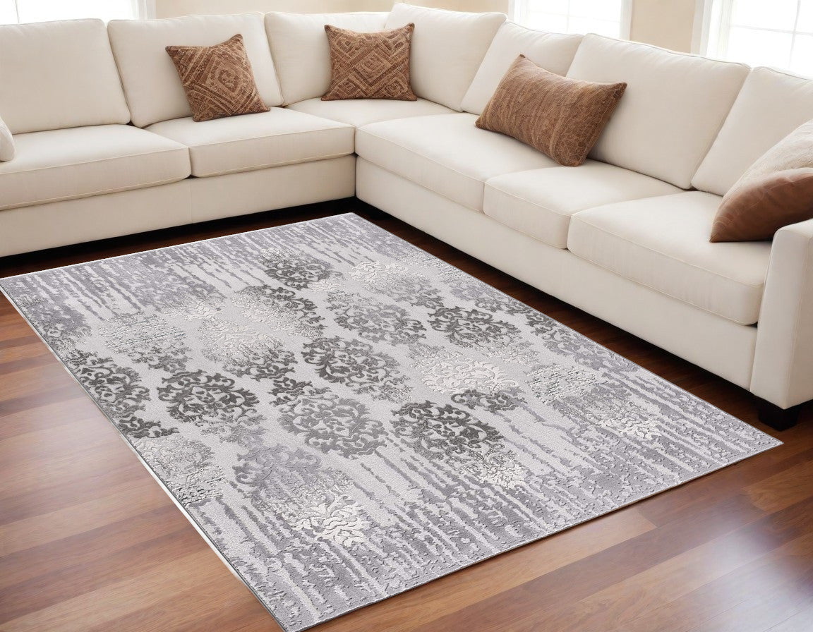 6' X 9' Gray Damask Power Loom Area Rug