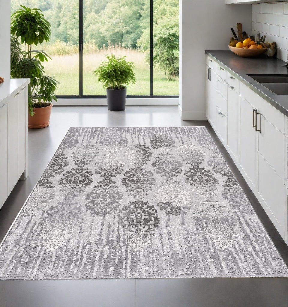 6' X 9' Gray Damask Power Loom Area Rug