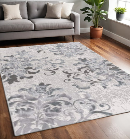 5' X 7' Gray And Ivory Damask Shag Area Rug