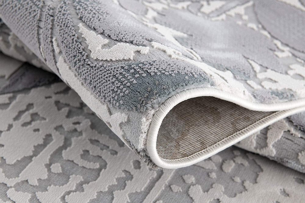 5' X 7' Gray And Ivory Damask Shag Area Rug