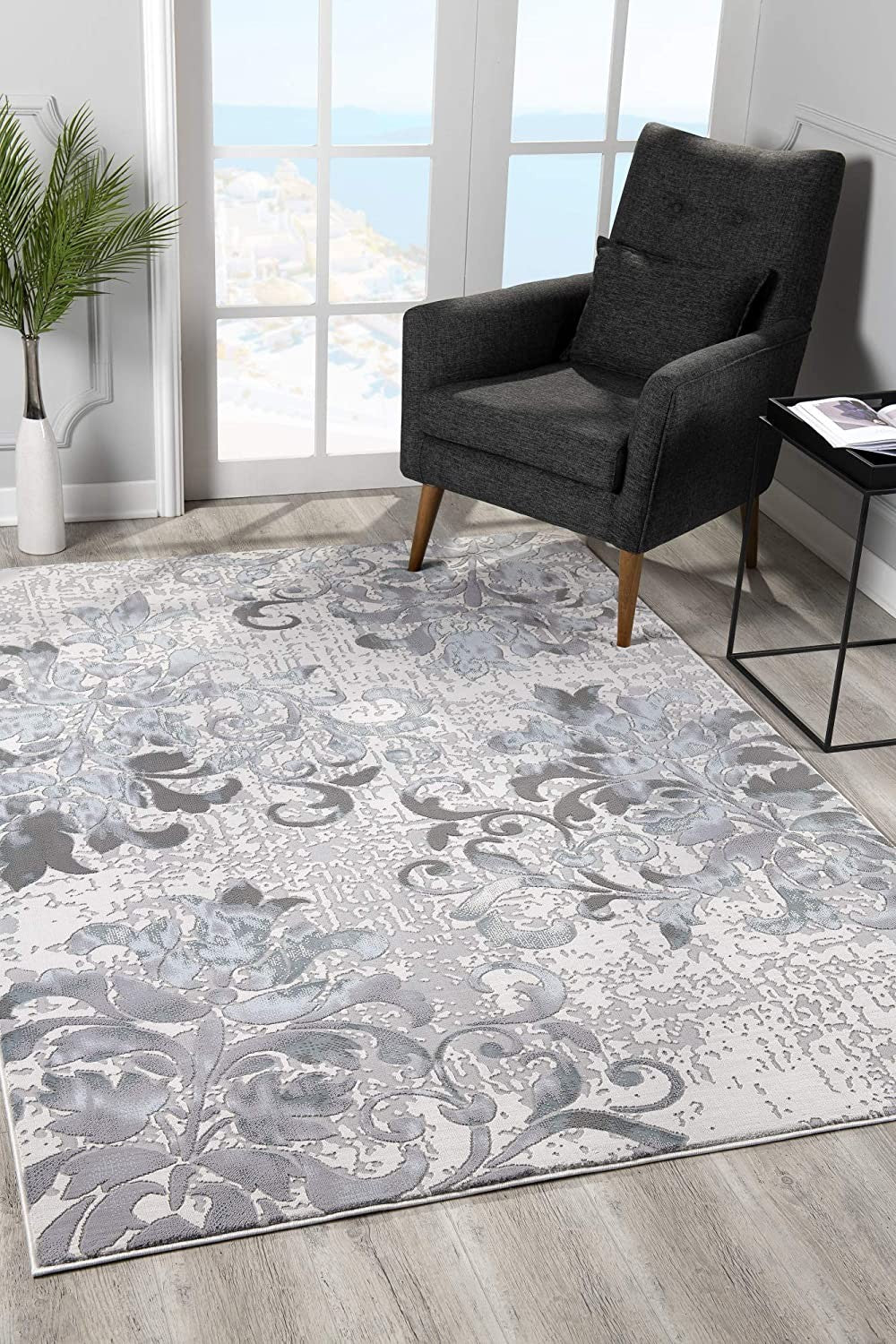 5' X 7' Blue Damask Power Loom Area Rug