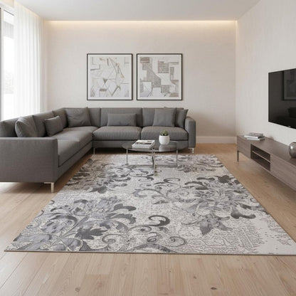 5' X 7' Gray And Ivory Damask Shag Area Rug