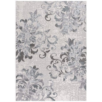5' X 7' Gray And Ivory Damask Shag Area Rug
