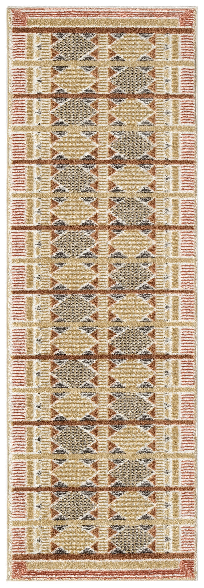 Textured woven hallway runner with repeating diamond motifs in beige, tan, rust and gray; warm striped border.