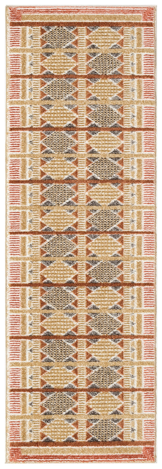 Textured woven hallway runner with repeating diamond motifs in beige, tan, rust and gray; warm striped border.