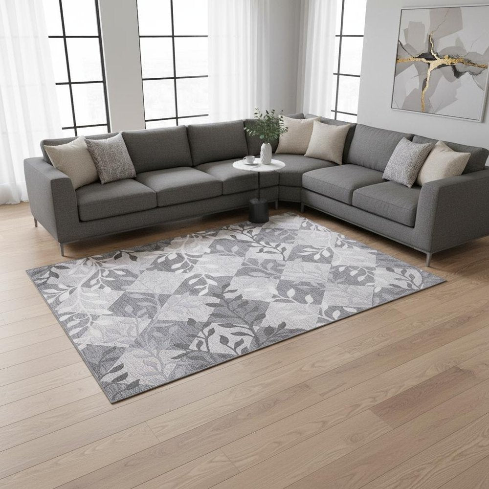 8' X 11' Gray Diamond And Vines Area Rug