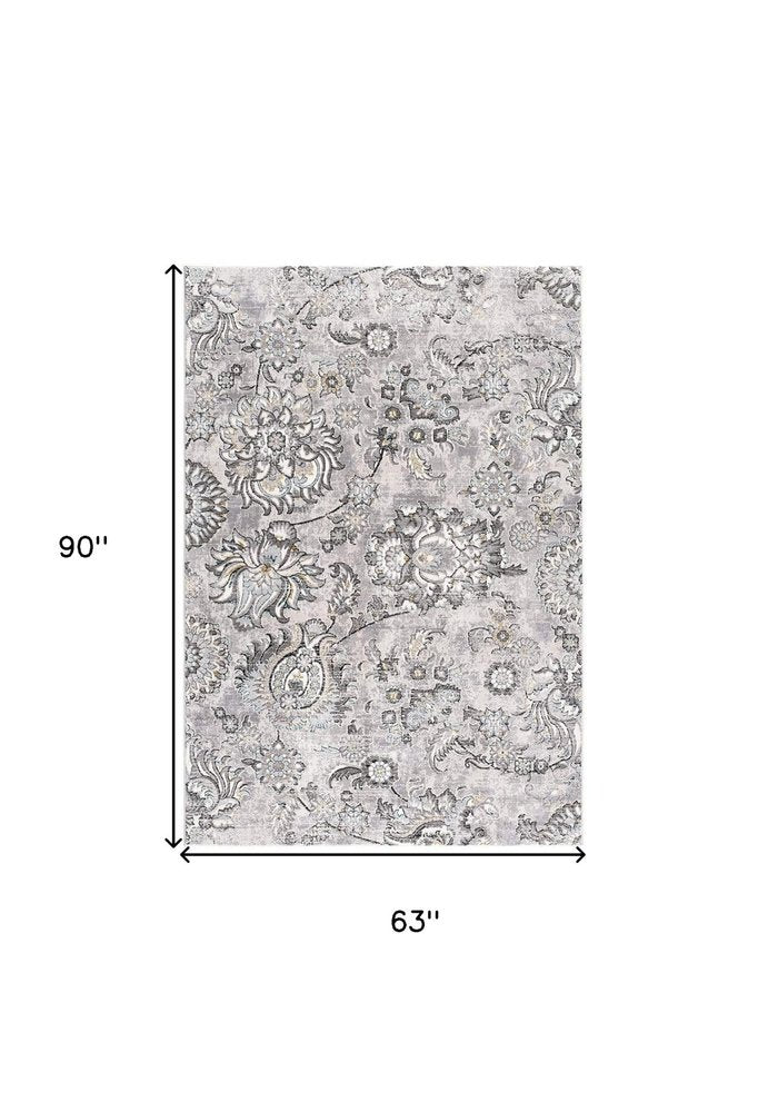 5' X 7' Gray And Ivory Floral Area Rug