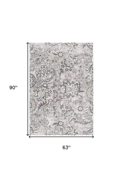 5' X 7' Gray And Ivory Floral Area Rug
