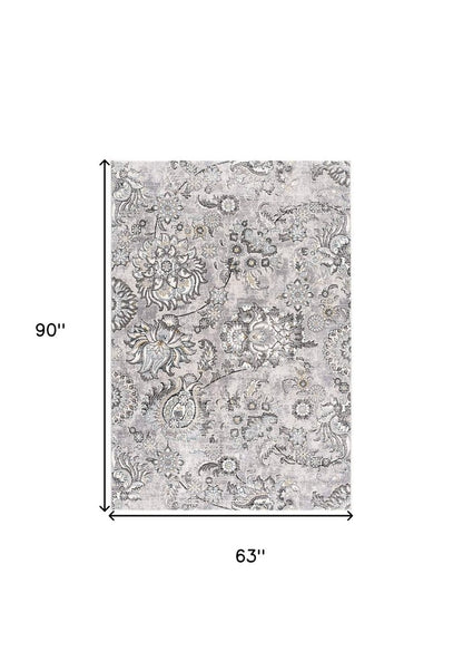 5' X 7' Gray And Ivory Floral Area Rug