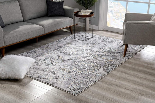 5' X 7' Gray And Ivory Floral Area Rug