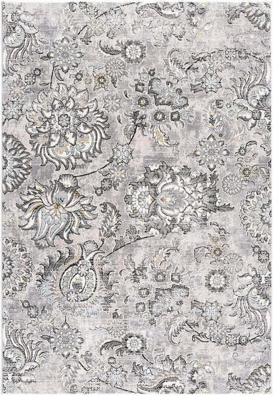 5' X 7' Gray And Ivory Floral Area Rug
