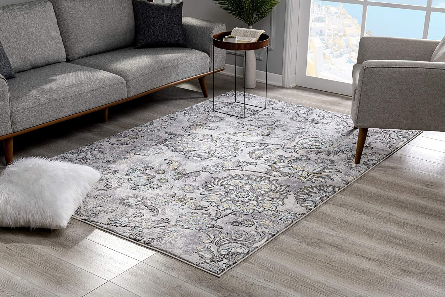 5' X 7' Gray Damask Power Loom Area Rug