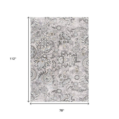 5' X 7' Gray And Ivory Floral Area Rug