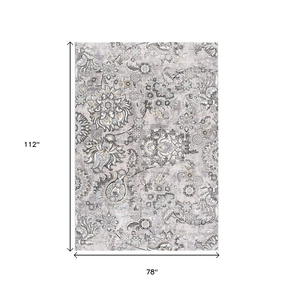 5' X 7' Gray And Ivory Floral Area Rug