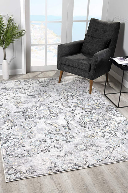 6' X 9' Gray Damask Power Loom Area Rug
