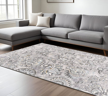 6' X 9' Gray Damask Power Loom Area Rug