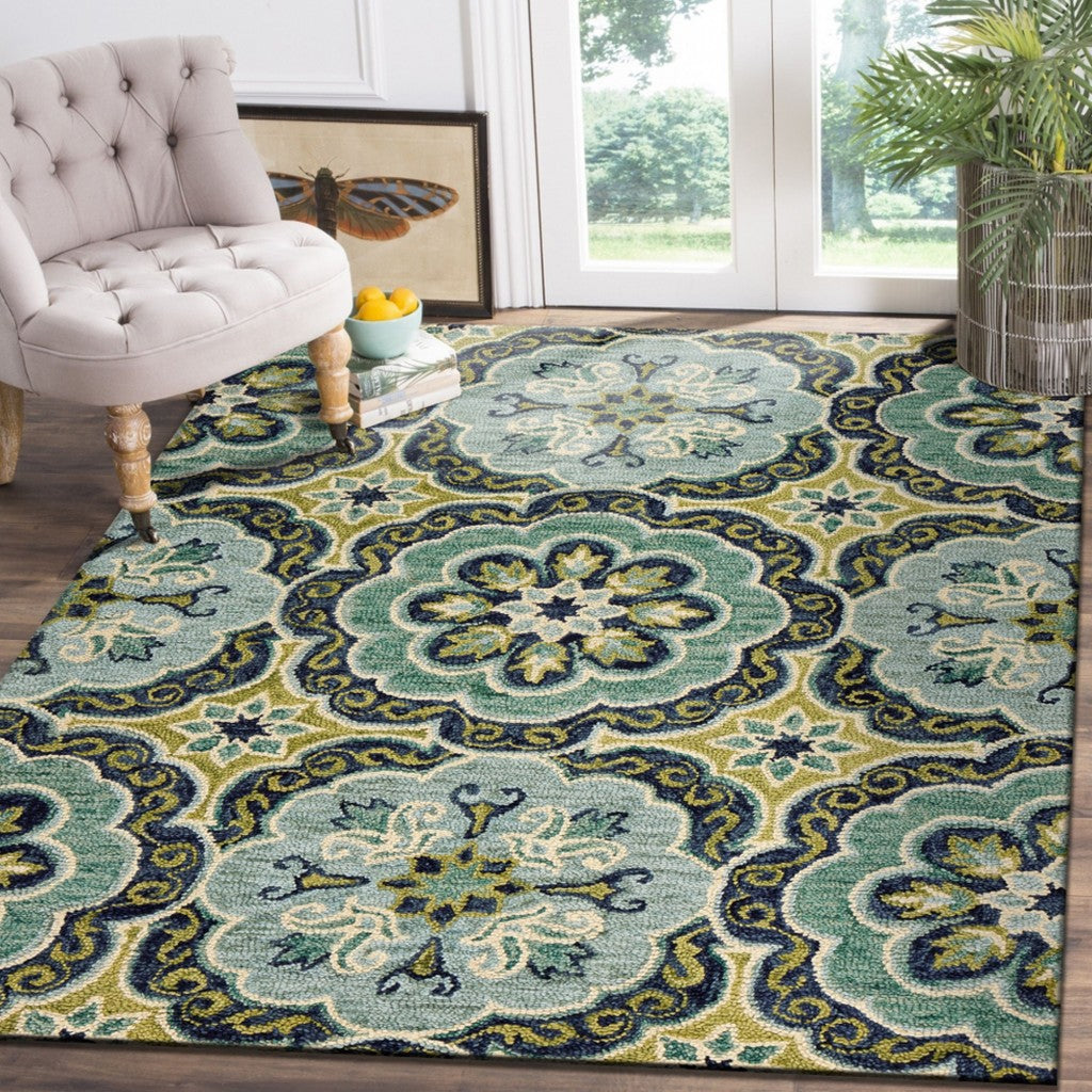 4' Round Green Floral Artwork Area Rug