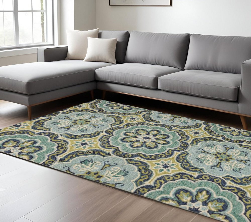 4' Round Green Floral Artwork Area Rug