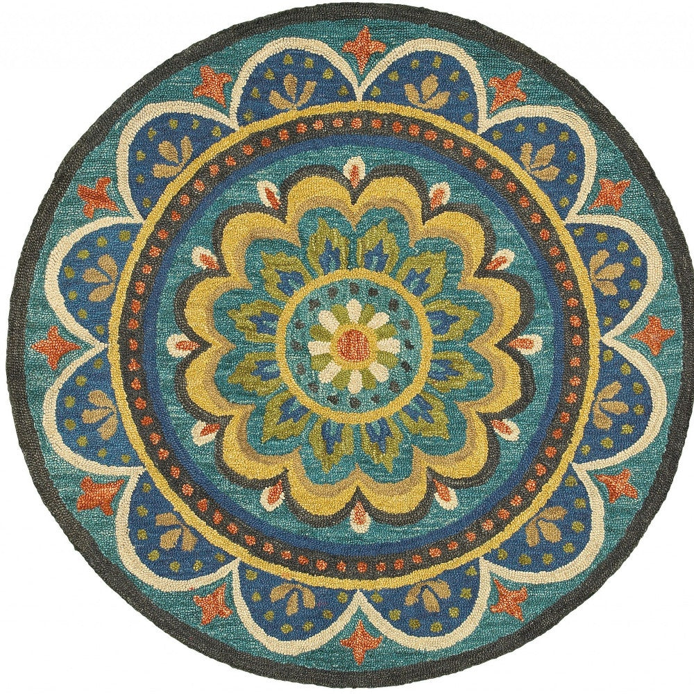 4' Blue and Orange Round Wool Floral Medallion Hand Tufted Area Rug