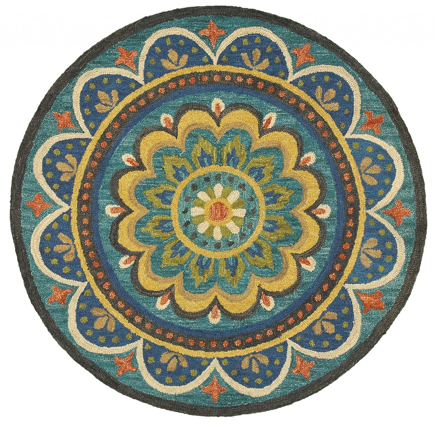 4' Blue and Orange Round Wool Floral Medallion Hand Tufted Area Rug