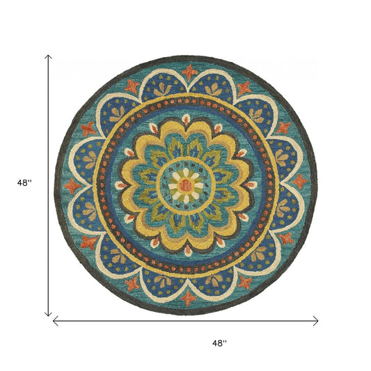 4' Blue and Orange Round Wool Floral Medallion Hand Tufted Area Rug