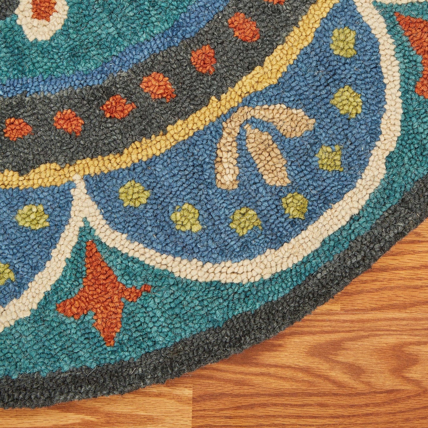 4' Blue and Orange Round Wool Floral Medallion Hand Tufted Area Rug