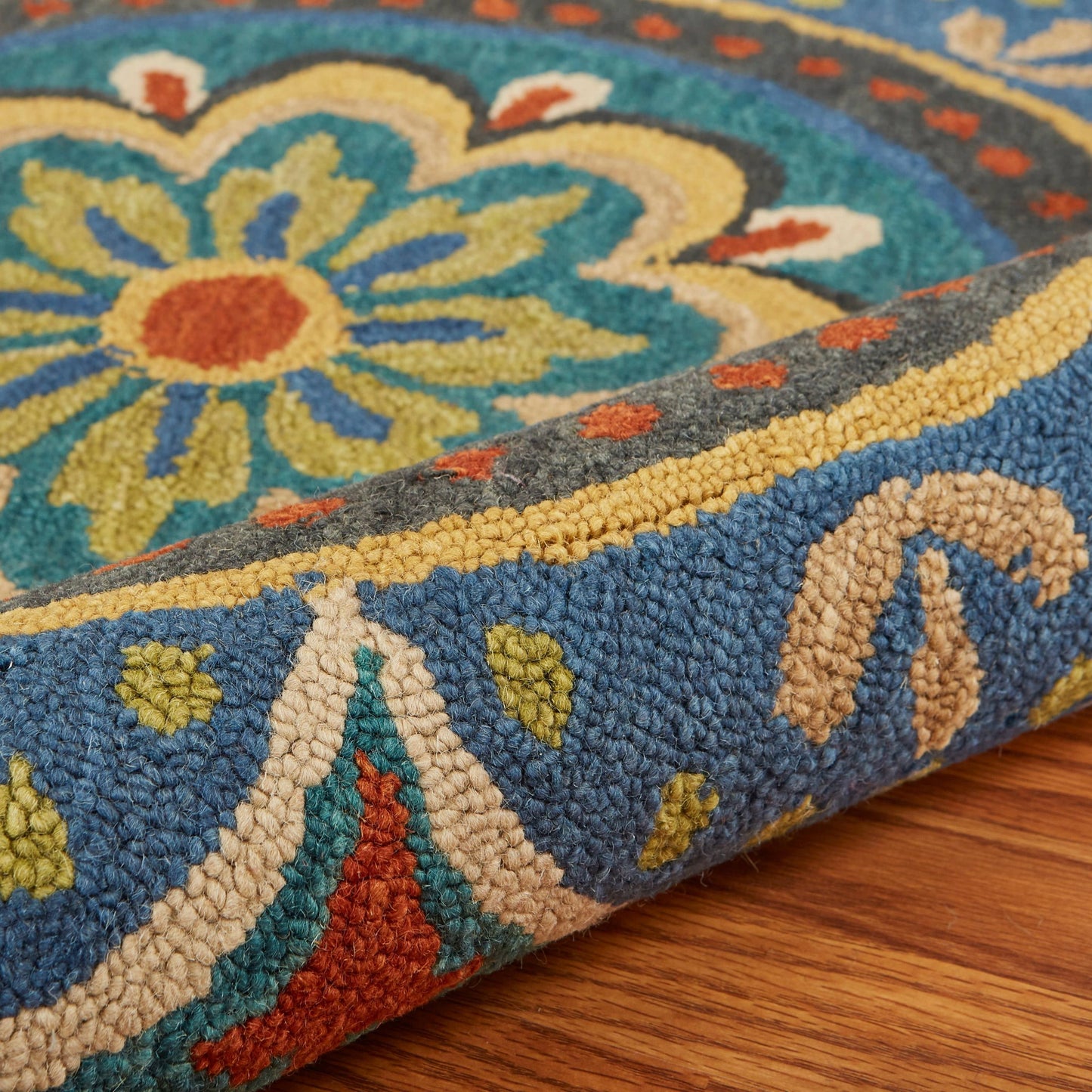 4' Blue and Orange Round Wool Floral Medallion Hand Tufted Area Rug