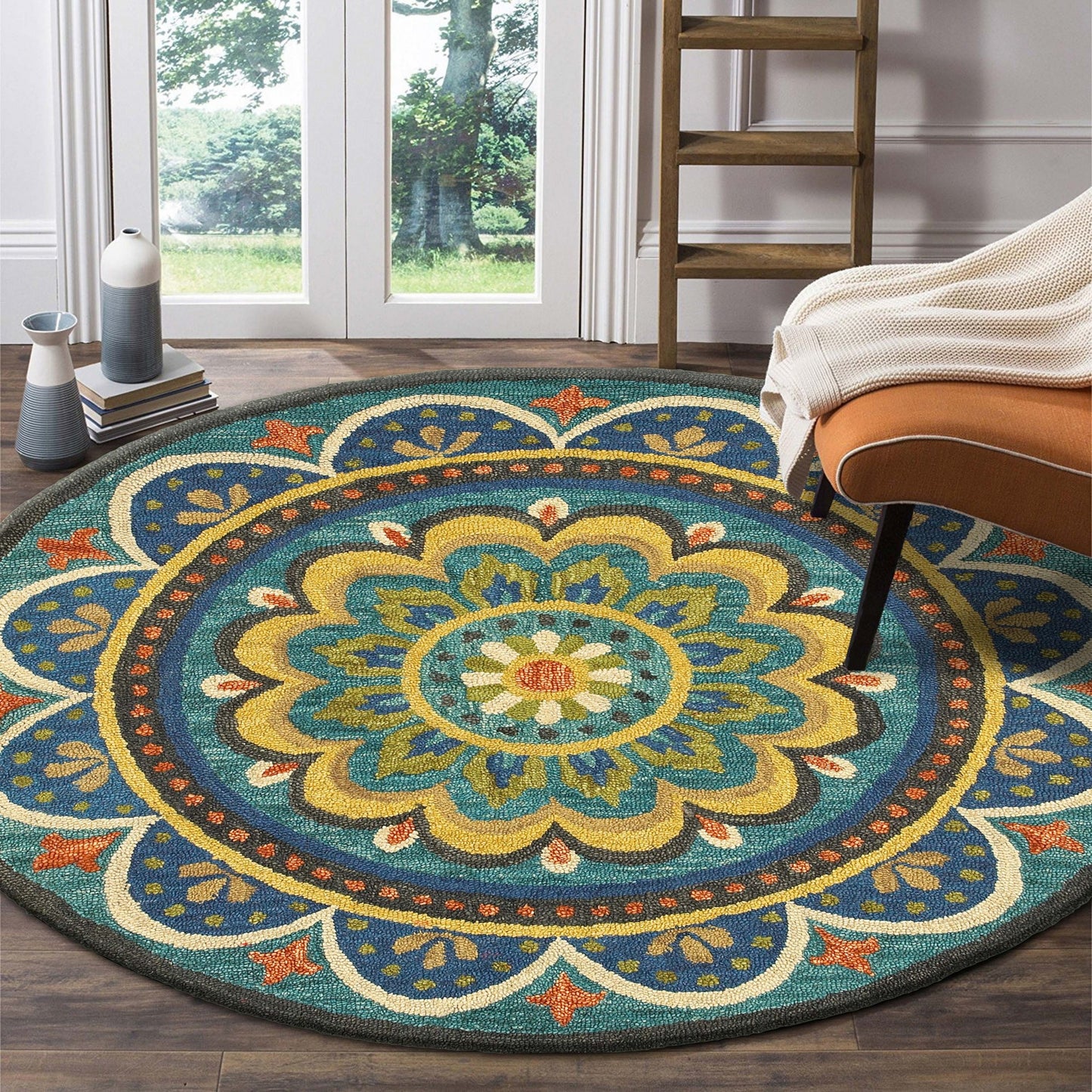 4' Blue and Orange Round Wool Floral Medallion Hand Tufted Area Rug