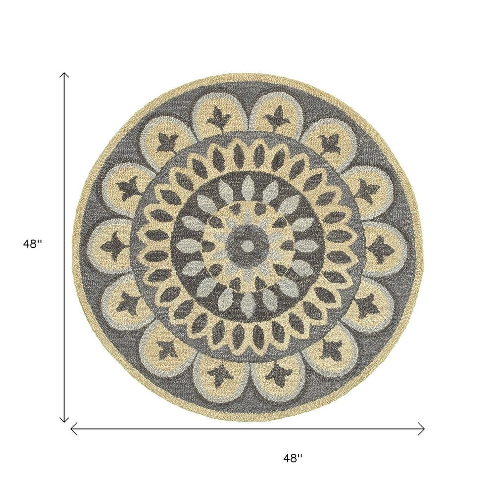 4' Round Gray Floral Bloom Area Rug