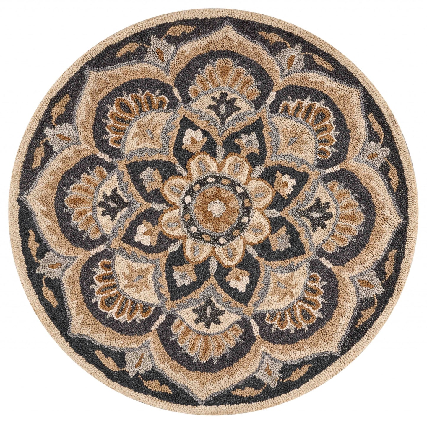 4' Round Black Flower Blossom Area Rug