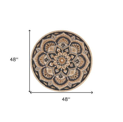 6' Black and Tan Round Wool Floral Medallion Hand Tufted Area Rug