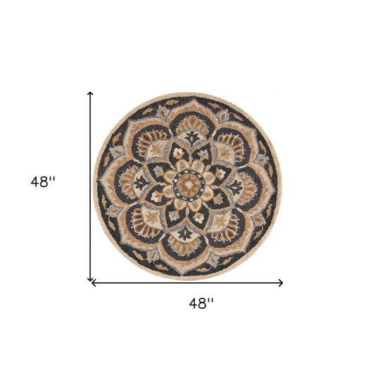 6' Black and Tan Round Wool Floral Medallion Hand Tufted Area Rug