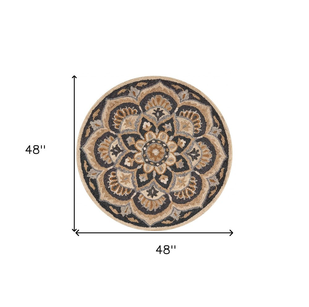 6' Black and Tan Round Wool Floral Medallion Hand Tufted Area Rug