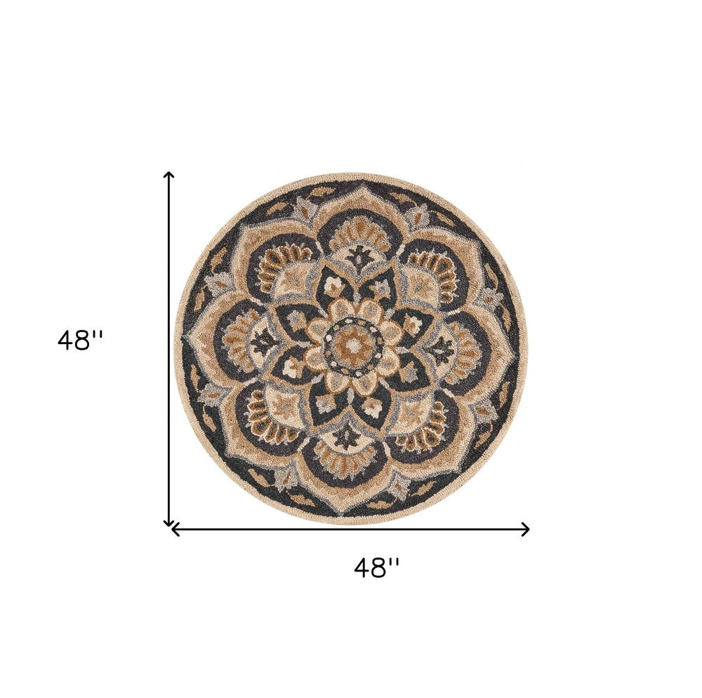 6' Black and Tan Round Wool Floral Medallion Hand Tufted Area Rug