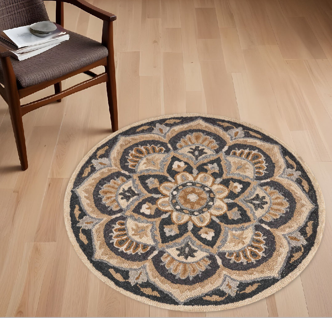 4' Round Black Flower Blossom Area Rug