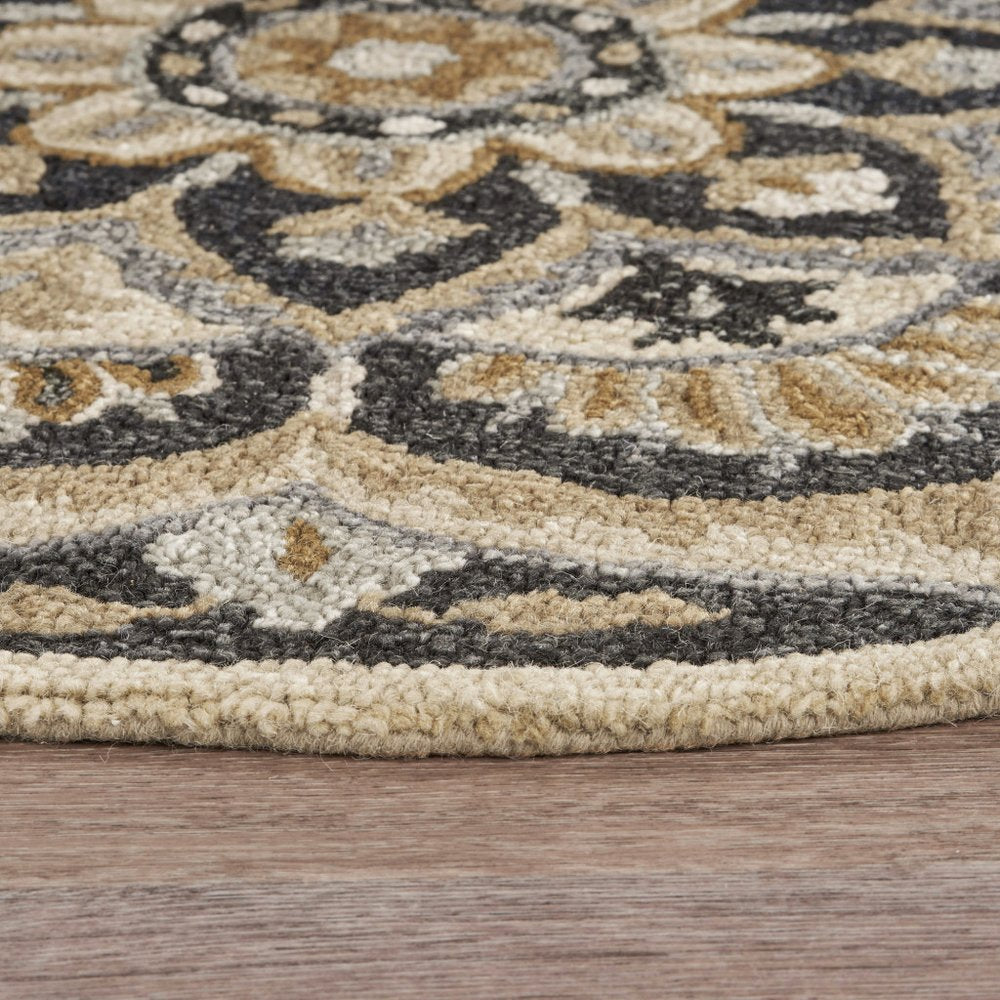 4' Round Black Flower Blossom Area Rug