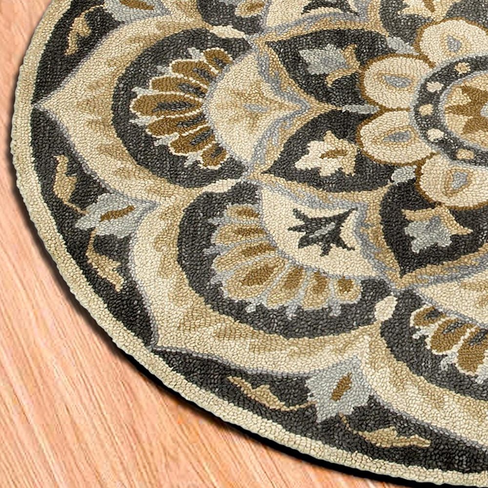 4' Round Black Flower Blossom Area Rug