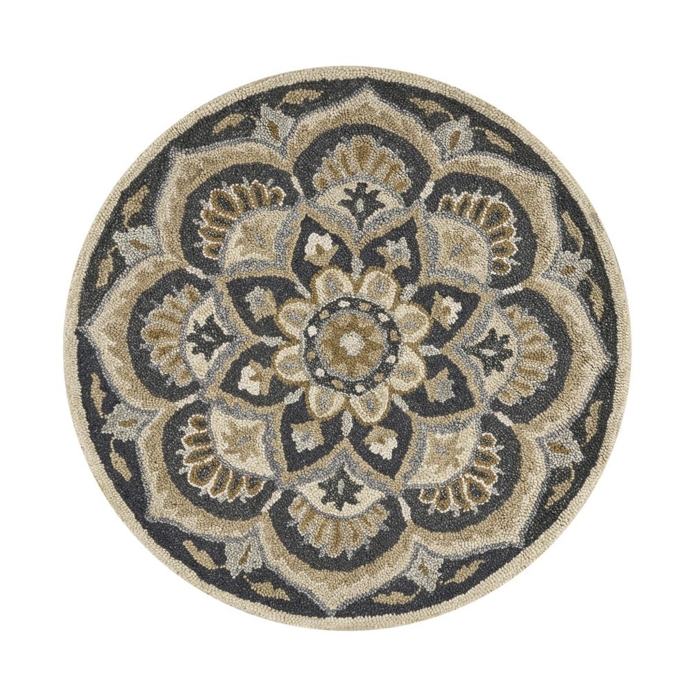 4' Round Black Flower Blossom Area Rug